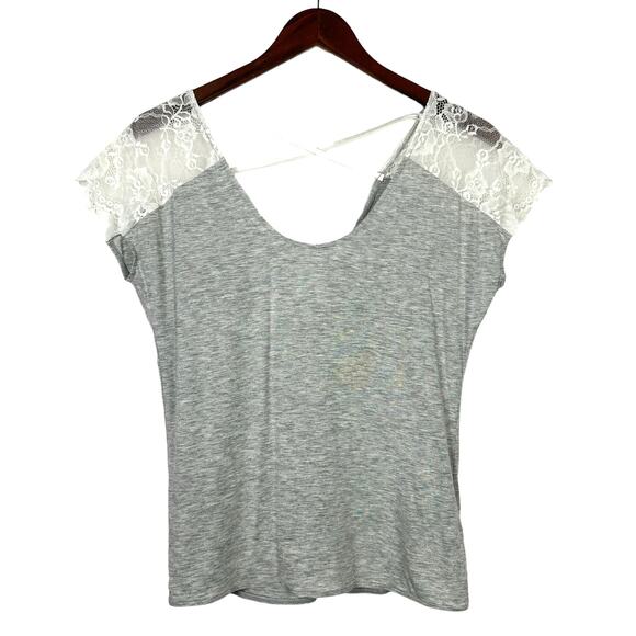 GAP Body NWT Gray & White Lace Cross Back Soft Sleep Tee Casual Top - Picture 6 of 13